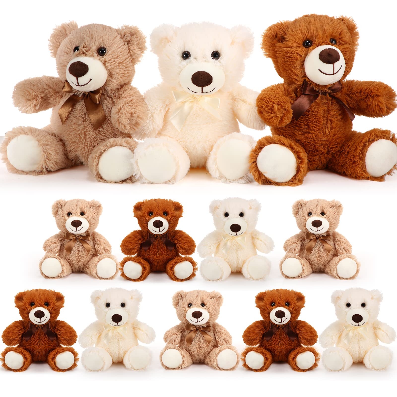 Photo 1 of HyDren 12 Pieces Valentines Bears Stuffed Animals Soft Plush Toy Bears for Birthday Party Easter Wedding Baby Shower Christian Charity Donation Supplies(White, Brown, Khaki)