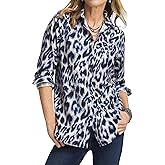 Womens Animal Print Button Down Collared Shirt Long Sleeve Top Casual Blouse