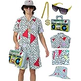 JQAKFIY 80s 90s Outfit for Men Hip Hop Costume Men's Hawaiian Shirt ande Short Set Rapper Cosplay Halloween with Accessories