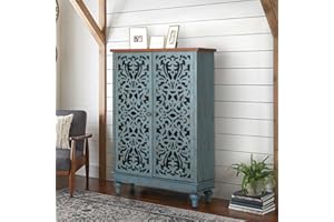 MAISON ARTS 47.4''H Tall Accent Cabinet with Doors, 3-Tier Farmhouse Storage Cabinet with Hollow-Carved Doors Kitchen Buffet Cabinet for Entryway Living Room, Blue