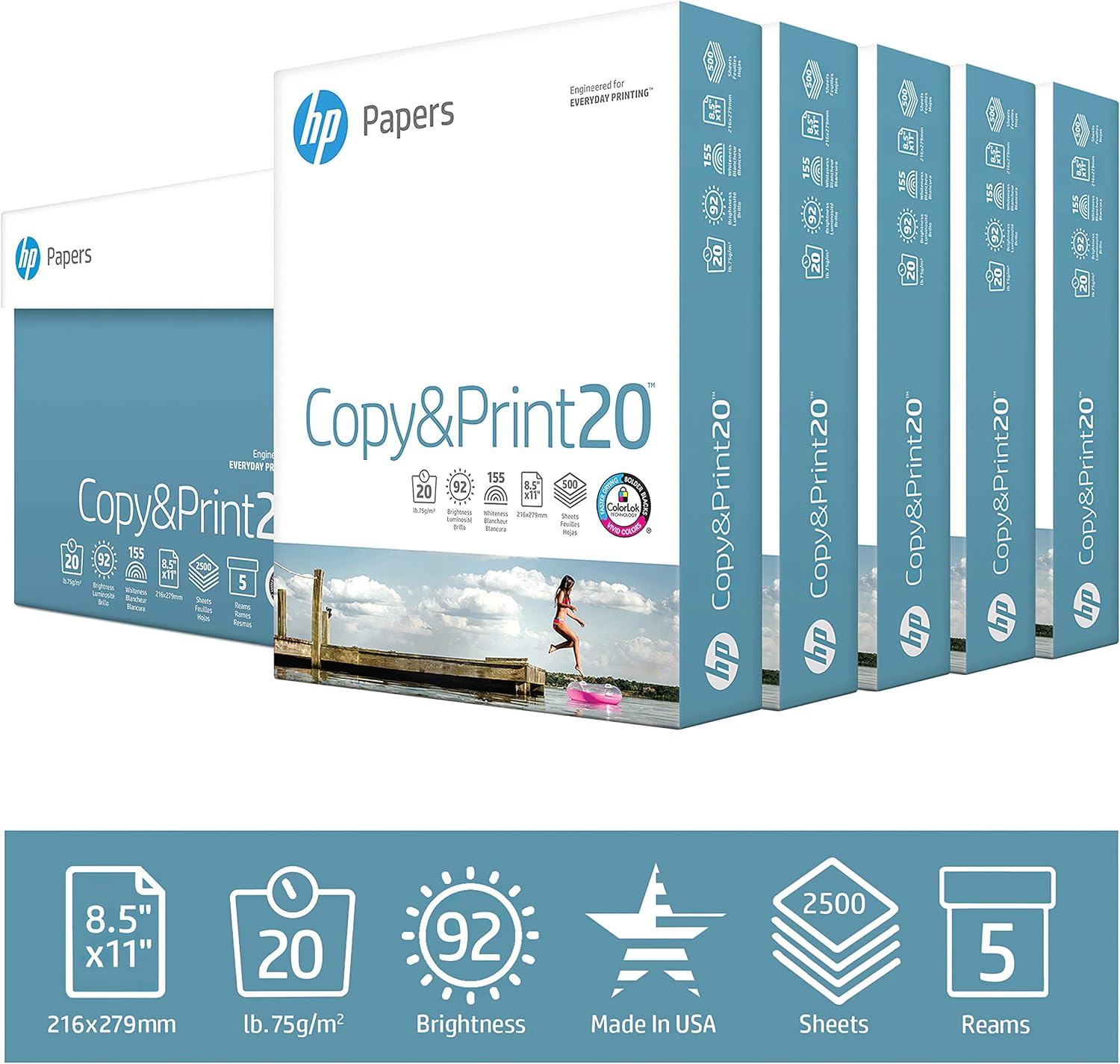 hp Printer Paper | 8.5 x 11 Paper | Copy &Print 20 lb | 5 Ream Case - 2500 Sheets| 92 Bright Made in USA - FSC Certified| 200350C : Office Products