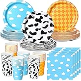 Havawish 96pcs Cartoon Birthday Party Supplies 7" 9" Cartoon Paper Plates, Cups, Napkins Cow Print Sky Cloud Paper Dessert Plates for 24 Guests Baby Shower Birthday Party Decorations
