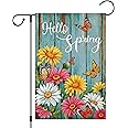 Heyfibro Hello Spring Garden Flag Spring Summer Daisy Garden Flags 12 x 18 Inch Burlap Double Sided Vertical Flower Butterfly Welcome Garden Yard Flags for Seasonal Outside Outdoor Decoration (ONLY