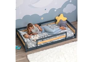 OCODILE Twin Floor Bed with Safety Guardrails for Kids, Montessori Inspired with Rails and 2 Openings, Twin Size Bed Frame for Girls and Boys - Gray