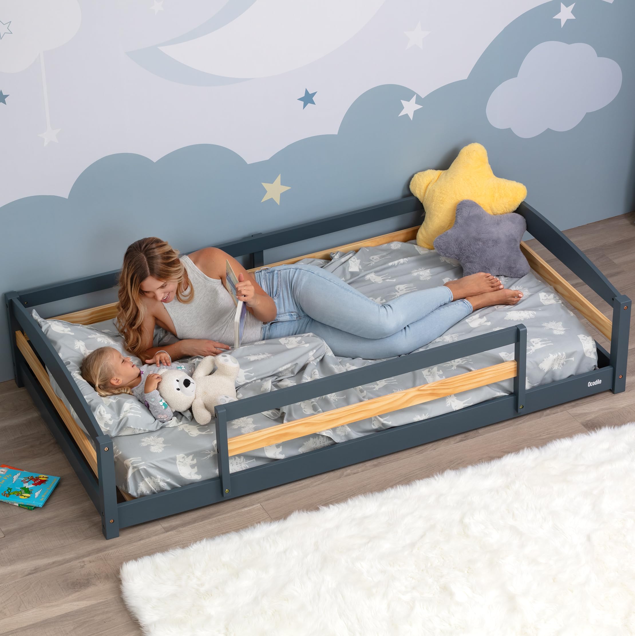 Photo 1 of ***PARTS ONLY***Ocodile Twin Floor Bed with Safety Guardrails for Kids, Montessori Inspired with Rails and 2 Openings, Twin Size Bed Frame for Girls and Boys - Gray