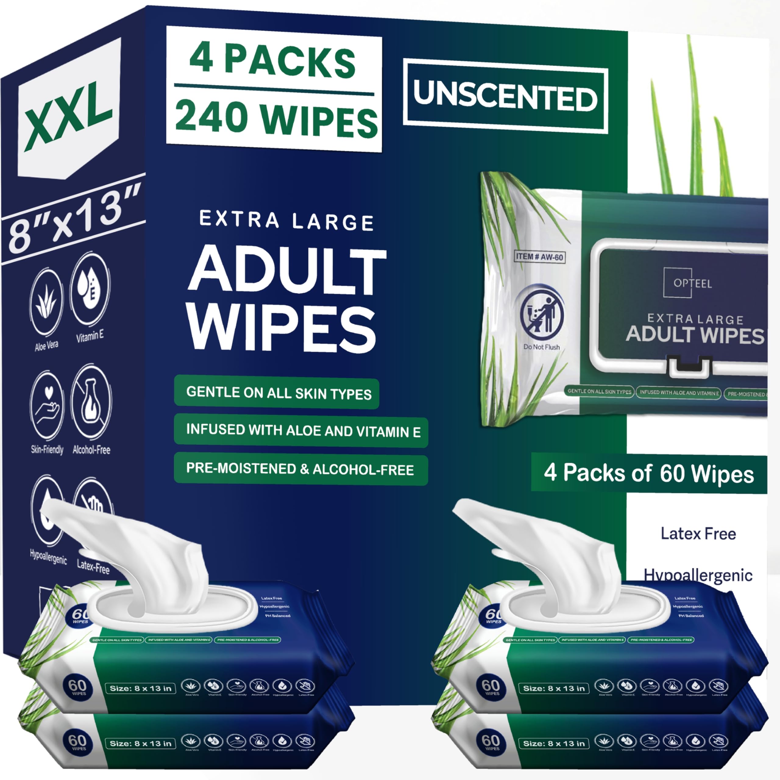 Photo 1 of Adult Wipes For Elderly - 8"x13" Extra Large & Soft Wet Wipes for Adults Bathing No-Rinse - Incontinence Disposable Washcloths, Vitamin E & Aloe Infused for Men & Women 240ct (4 Packs of 60)