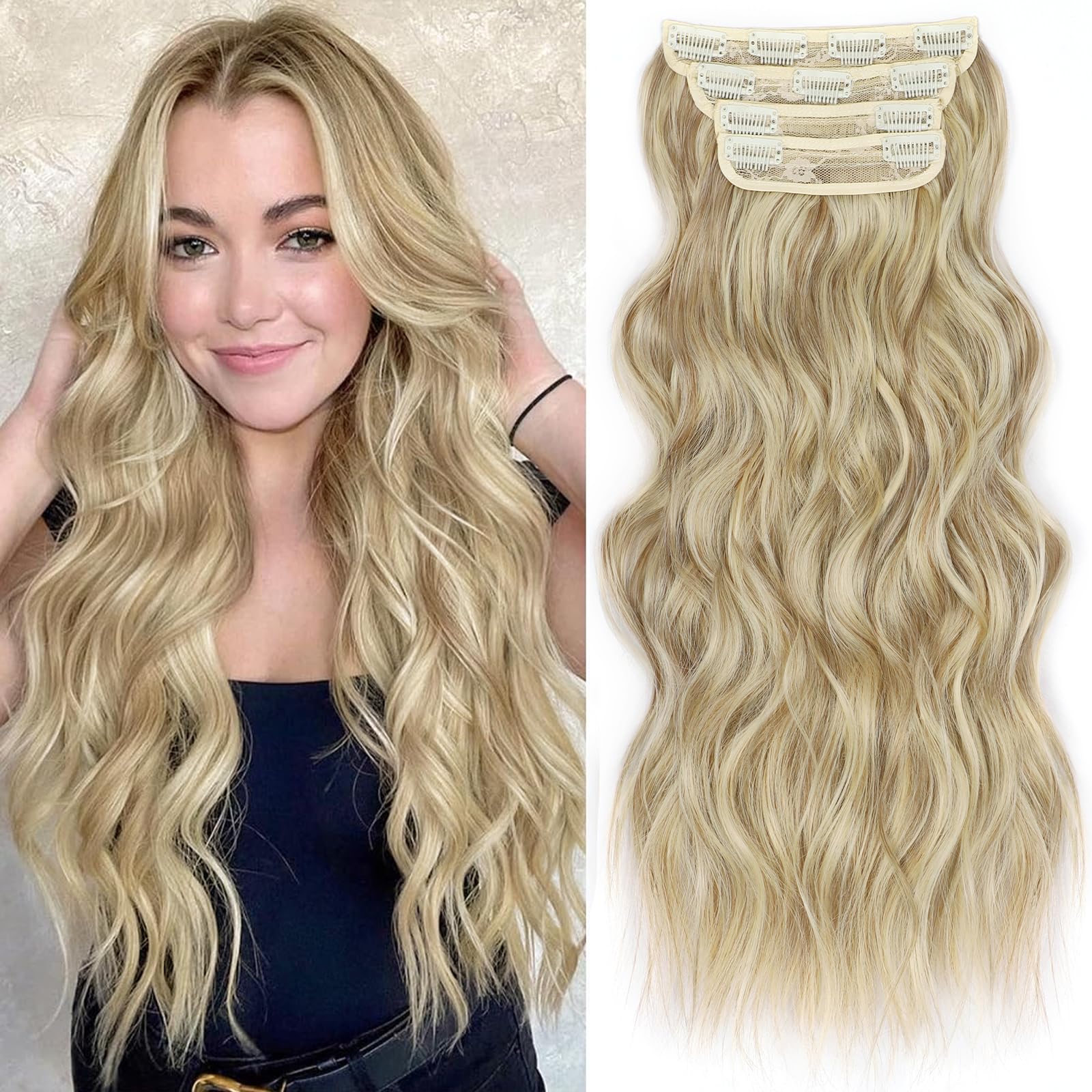 Photo 1 of ALXNAN Clip in Long Wavy Synthetic Hair Extension 24 Inch Dirty Blonde 4PCS Thick Hairpieces Fiber Double Weft Hair for Women