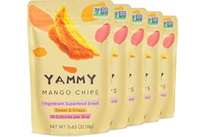 Yammy Dried Mango Chips Like Freeze Dried Fruit, No Sugar Added Crispy Dry Slices of Mangoes, Unsweetened Dehydrated Healthy Snack, Low Calorie Vegan Gluten Free, Individual Packs (0.6oz Pack of 5)