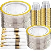 Rubtlamp 350 Pcs Clear Gold Plastic Plates, Disposable Dinnerware, Clear-Gold Plates Set Include 50 Dinner Platos 50 Dessert Platos, 50 Cups, 50 Pre Rolled Napkins with Cutlery Set for Party