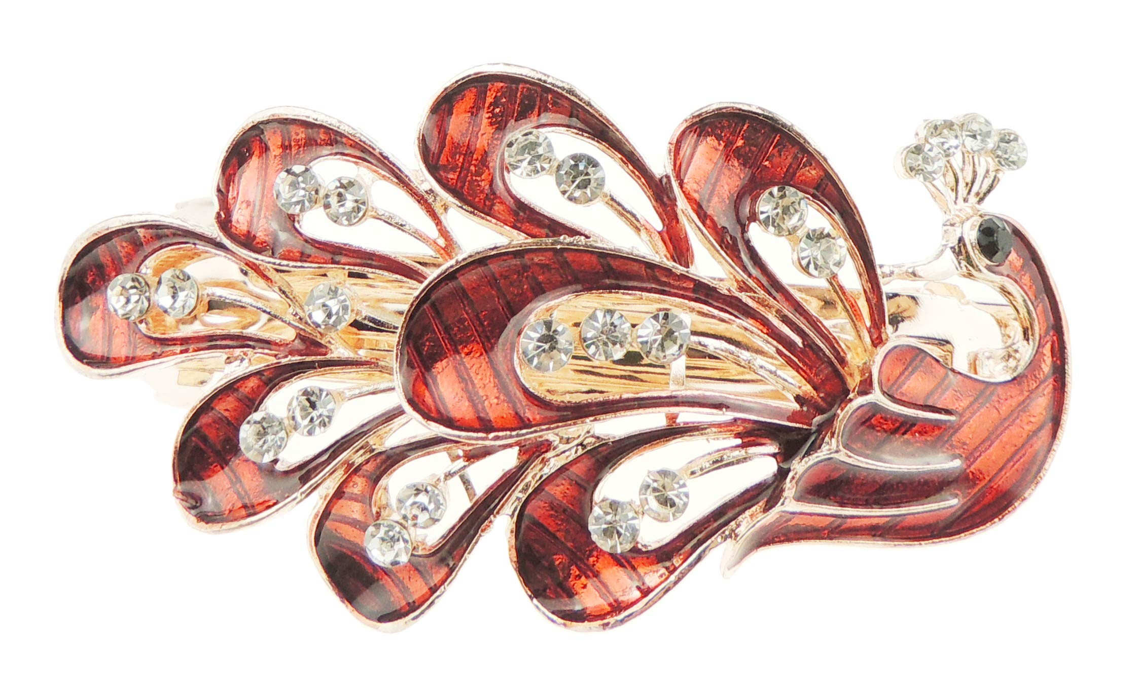 Womens Girls Crystal Rhinestone Diamante Wedding Birthday Party Evening Ponytail Fine Medium Occasion Barrette Hairpin Grip French Spring Clip Metal Enamel Peacock Bird Feathers (Red)