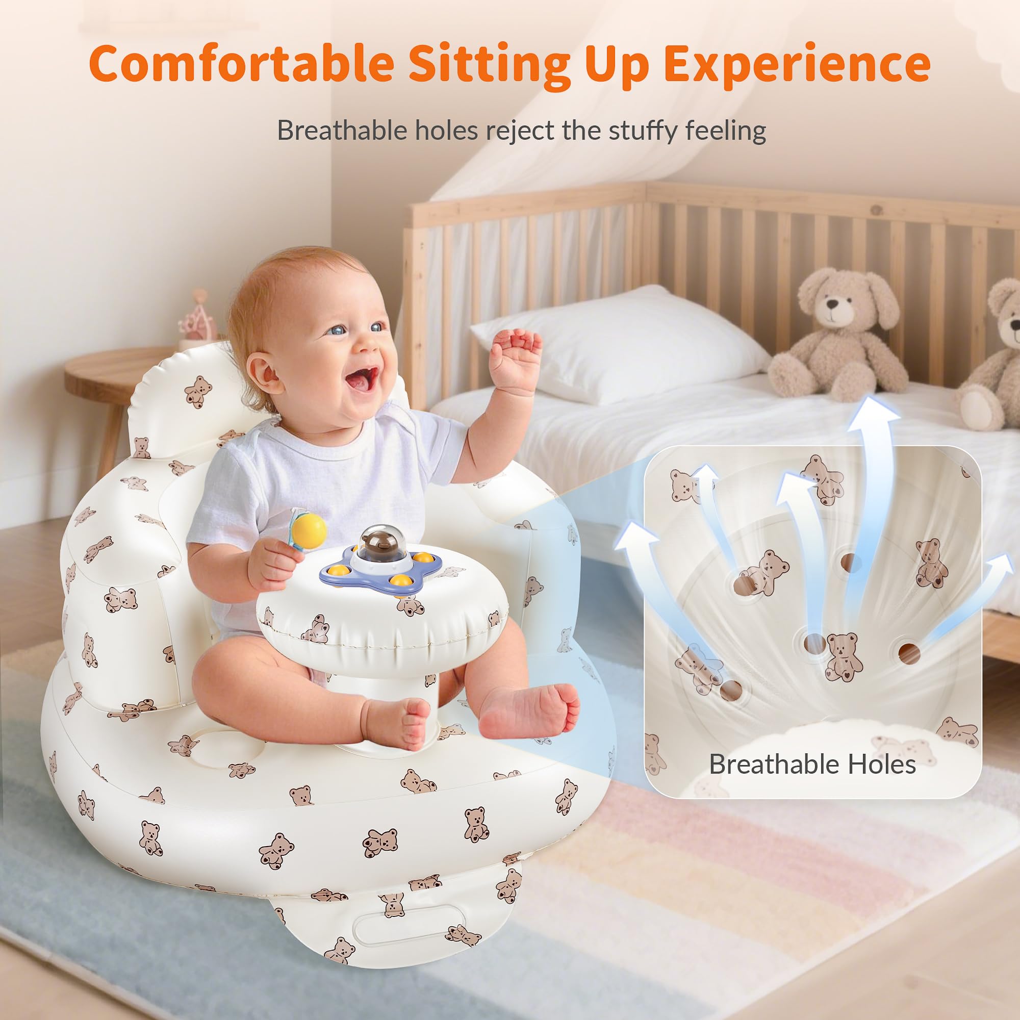 Inflatable Baby Seat with Tray, Comfortable Sit Me Up Floor Seat for Baby Learning to Sit, Portable Built in Air Pump Blow Up Baby Chair，Sitting Support Infant Chair for 3 Months Up (Bear Cub)