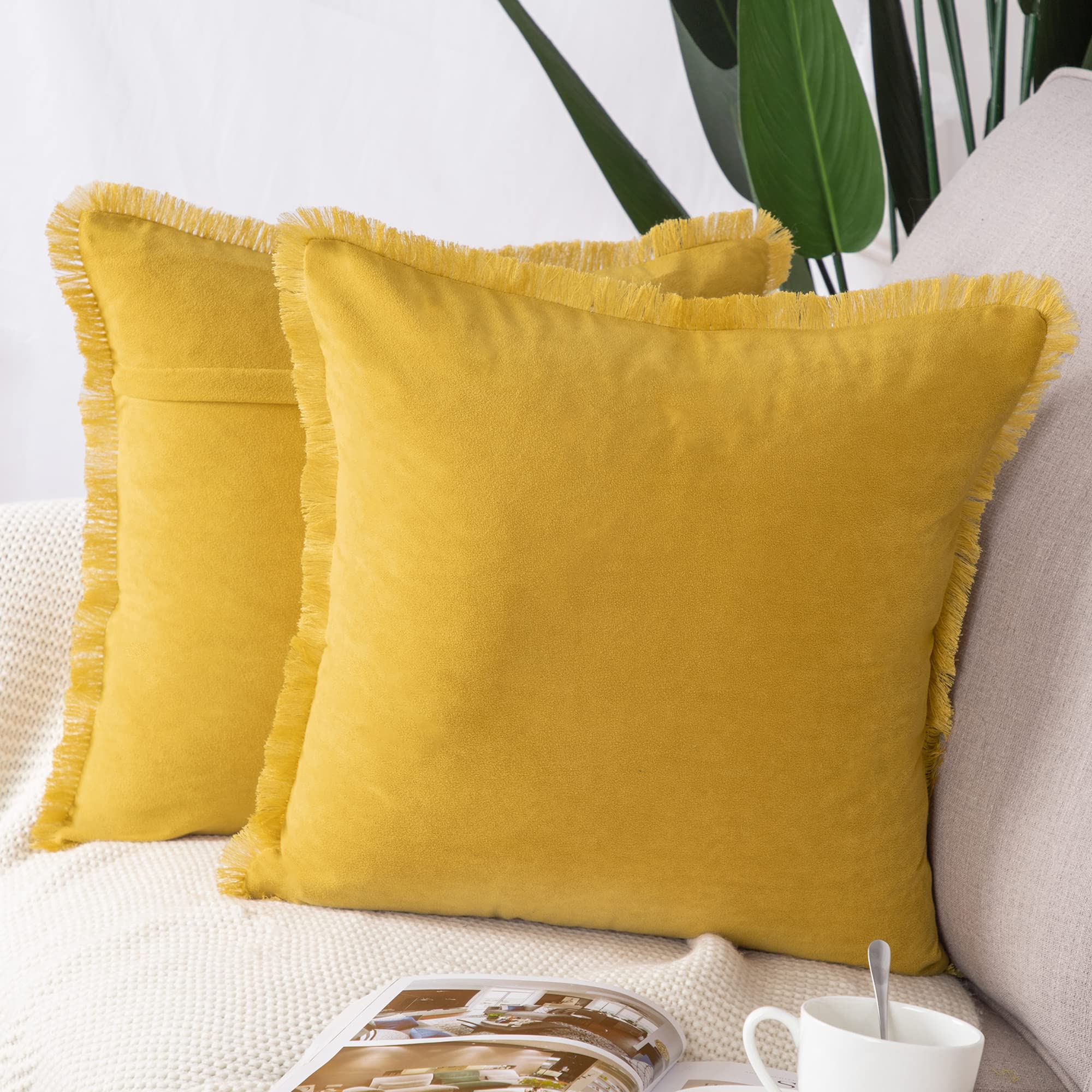Madizz Set of 2 Suede Cushion Covers with Fringe Tassels 20x20 inch, 50x50 cm, Yellow Soft Decorative Throw Pillow Cases for Sofa Bedroom Pillow Shell
