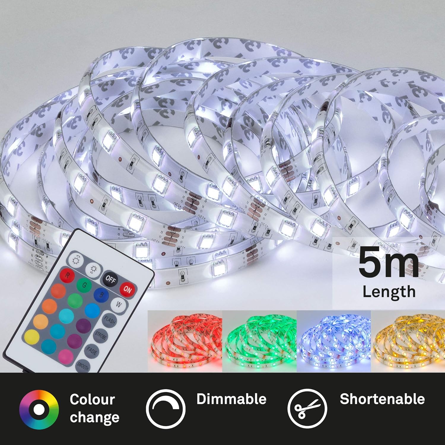 Briloner LED Strip 5m with Remote Control, 150 RGB LEDs, 24W, Warm White, Indoor Use, 500 x 1 x 0.3 cm - Image 3