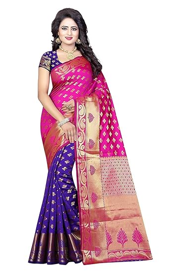 Women's Banarasi Silk Saree With Blouse Piece (Alk-Banarasisilk-Bluerama, Blue & Rama)