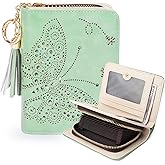 KITEVIUN Women RFID Blocking Small Bifold Wallet, Compact Cash Clutch with Zipper Coin Pocket, Glittery Butterfly Design, Credit Card Holder, Travel Purse with Tassel PEPPERMINT-GREEN
