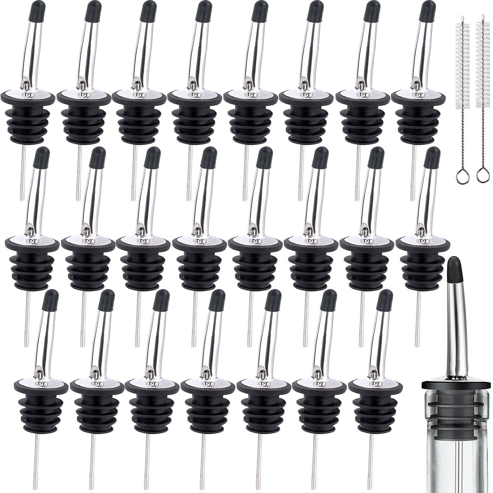 Liquor Bottle Pourers for Spirits 24 Pack Stainless Steel Freeflow Drink Speed Pourer Wine Olive Oil Bottle Pourers Tapered Spout with Rubber Dust Caps (Silver)