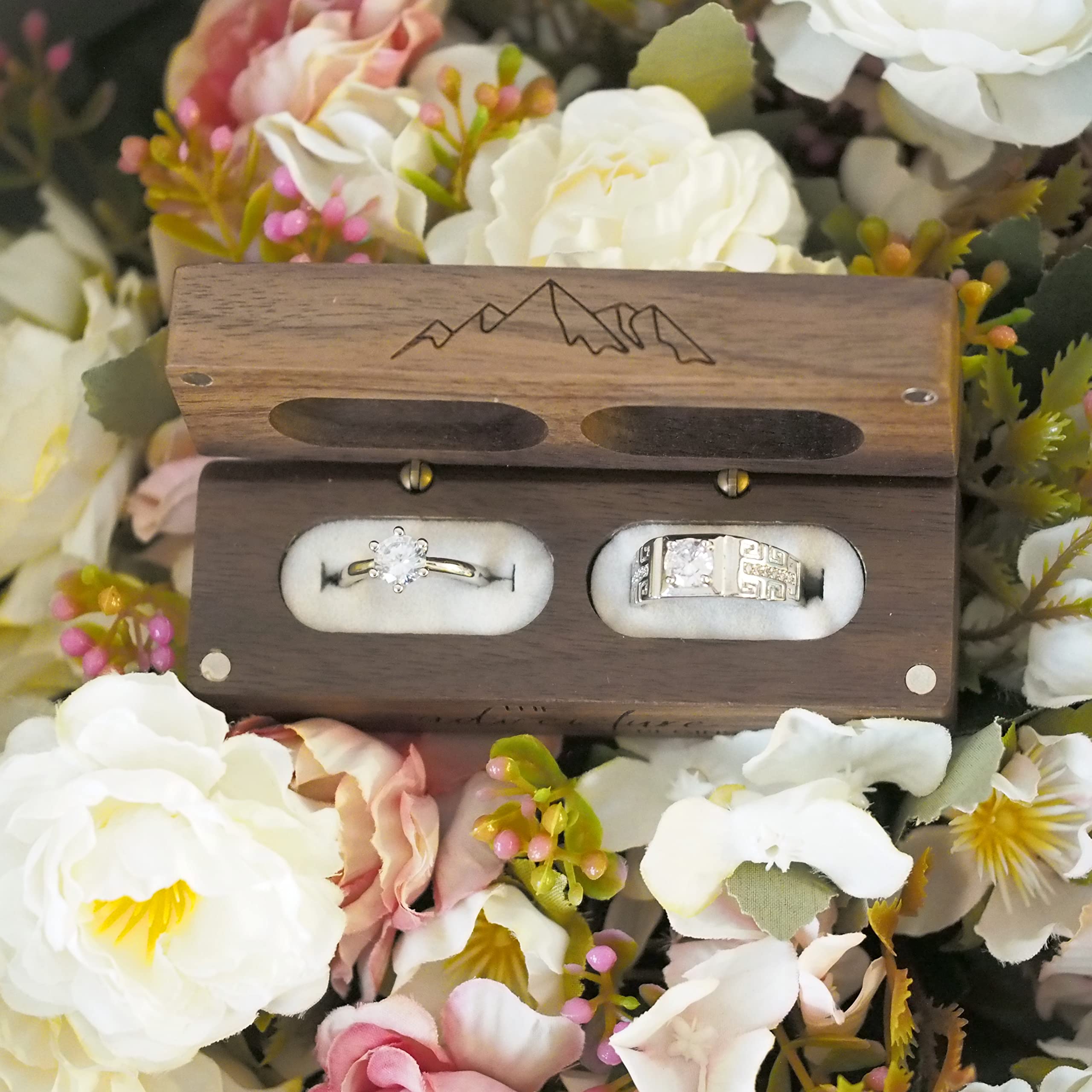 Engraved Flip Wooden 2 Ring box for wedding -Rustic Vintage Solid Wood rectangle Jewelry Storage Box