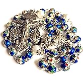 elegantmedical Handmade NICE Blue CLOISONNE & 10mm Pearl BEADS ROSARY NECKLACE Italy Parden cross Crucifix Catholic gift