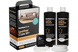 Furniture Clinic Large Leather Care Kit | Leather Cleaner + Conditioning Protection Cream for Furniture | Two 17oz Bottles + 1 Sponge & 1 Cloth | Restore Leather Couches, Car Seats, Jackets, & Boots