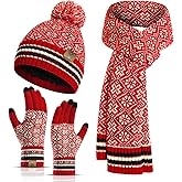 Womens Winter Beanie Hat Long Scarf and Touchscreen Gloves 3Pieces Fleece Lined Skull Caps with Pompom Neck Scarves Set