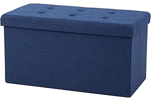 Seville Classics Cushioned Fabric Ottoman Hidden Storage Chest Footrest Chair, Padded Seat for Bedroom, Dorm, Loft, Living Room, Entryway, Hallway, Midnight Blue, 31.5" Bench