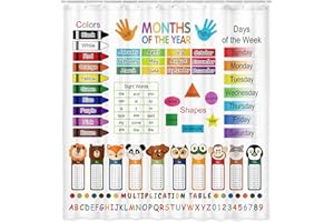 GRTUSPR ABC Educational Shower Curtain for Kids, Learning Bathroom Decor Set with Grommets and Hooks, Multiplication Table Theme, Colorful