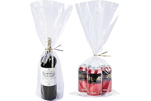 Wowfit 50 CT 9x20 Inches Clear Flat Cellophane Treat Bags with 6" Gold Twist Ties – Large Cello Bags for Wine Bottles, Gifts, Cookies, Mugs, Candies, Party Favors & Wrapping – Sturdy & Crystal Clear