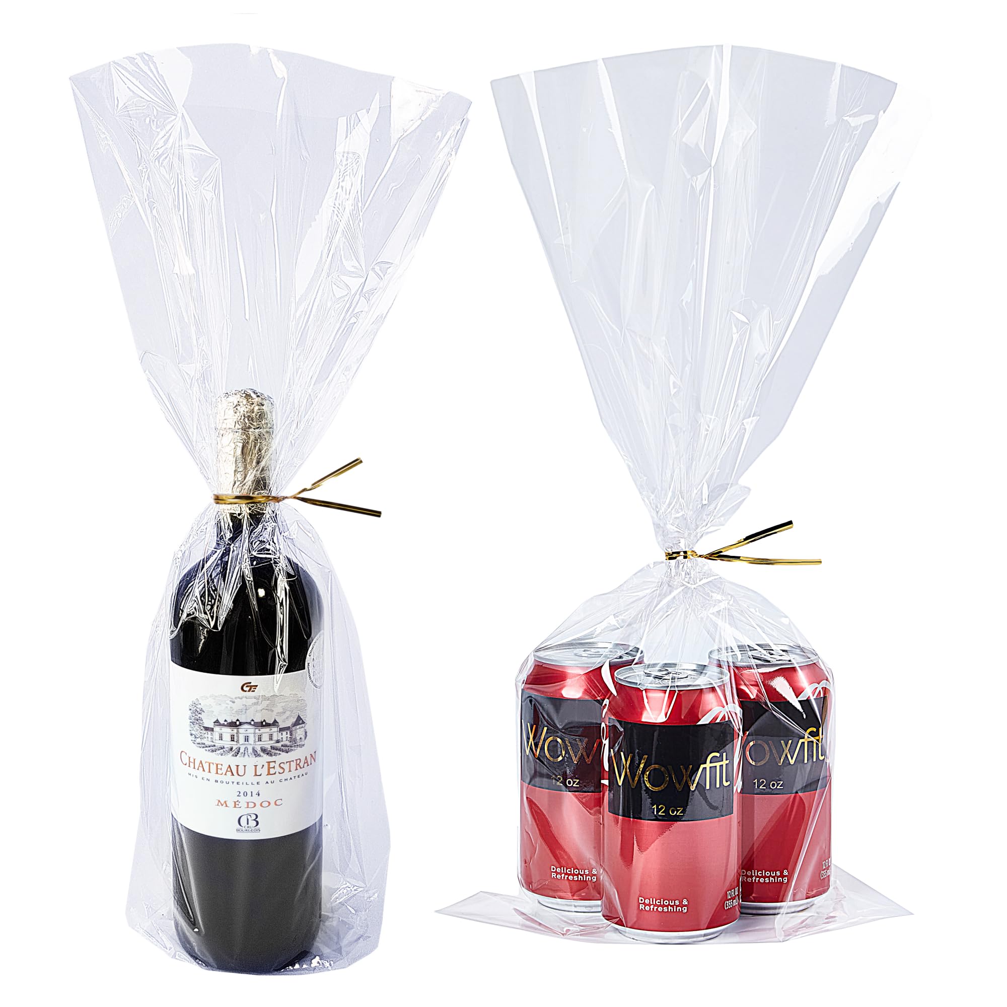 Photo 1 of Wowfit 50 CT 9x20 Inches Clear Flat Cellophane Treat Bags with 6" Gold Twist Ties – Large Cello Bags for Wine Bottles, Gifts, Cookies, Mugs, Candies, Party Favors & Wrapping – Sturdy & Crystal Clear