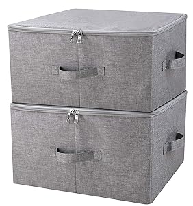 iwill CREATE PRO Folding Storage Box with Zip Lid and Handles, Storage Basket with Linen Fabric, Closet Shelf Drawers,Dark Gray, 2 pcs