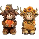 Burbell 2 Pack Fall Highland Cow Figurines Decor, Resin Fall Table Decor | Autumn Highland Cow with Pumpkin Flower Statue, Fall Table Decor, Calf Lovers Gifts, Thanksgiving Home Kitchen Office Decor