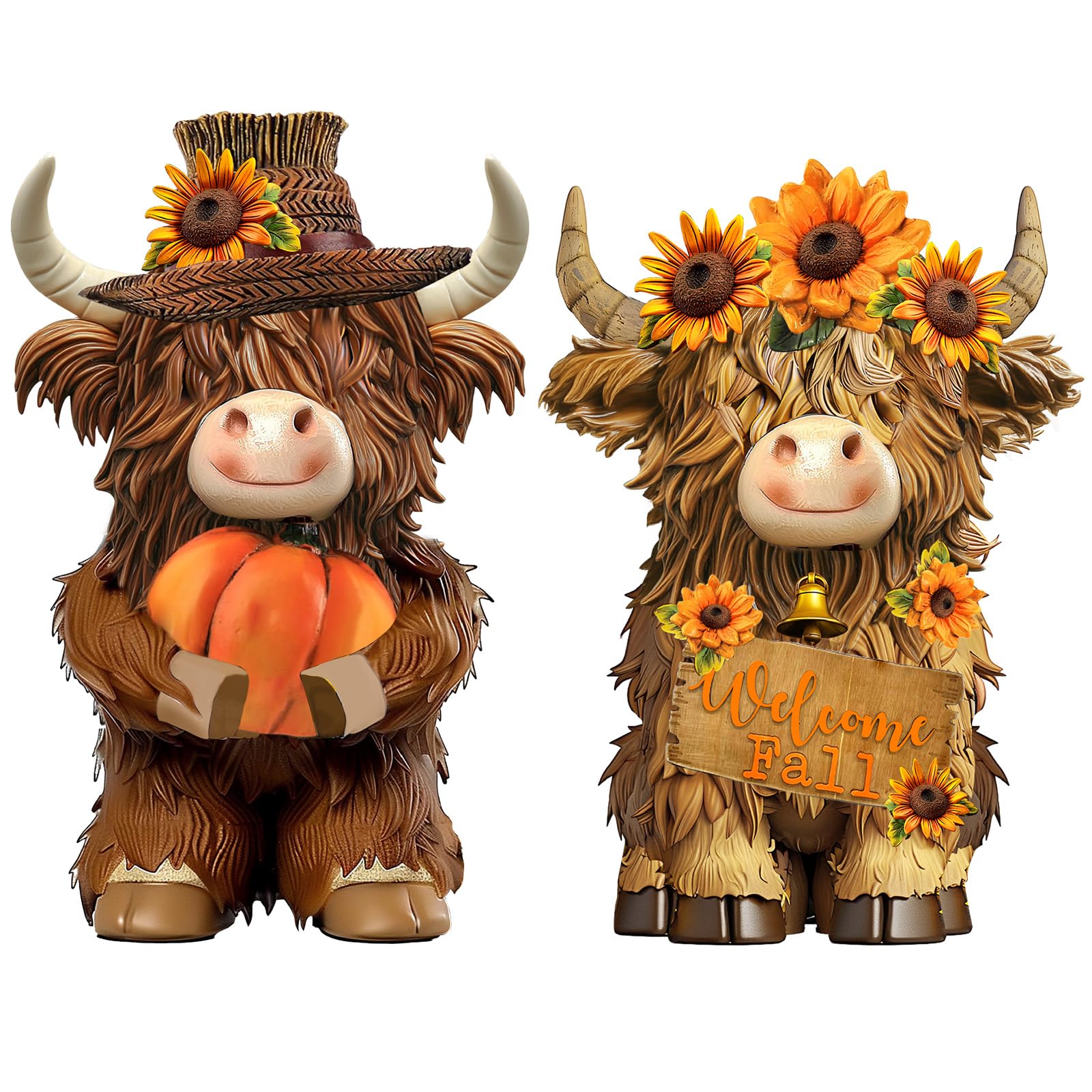 Photo 1 of Burbell 2 Pack Fall Decor Highland Cow Resin Figurine Fall Pumpkin Flower Highland Cow Gnomes Scottish Resin Statue Calf Lovers Gifts for Autumn Home Garden Kitchen Office Tiered Tray Table Decor