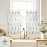 Cafe Curtains 30 Inch Length,Pinch Pleated Farmhouse Linen Sheer Blue and Green Floral Cute Boho Block Print Half Curtains for Small Window