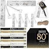 Sinload 25 Sets Birthday Favors for Guests 25 Thanks for Coming Ballpoint Pens 25 Bookmarks 25 Cards with Organza Bag for Adult Birthday Anniversary Party Souvenir(Metal-80th)