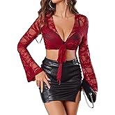 Avidlove Womens Crop Cardigan Lace Shrug Bell Sleeve Tie Front Top Y2K Sexy Sheer Bolero Going Out Outfits S-XXL
