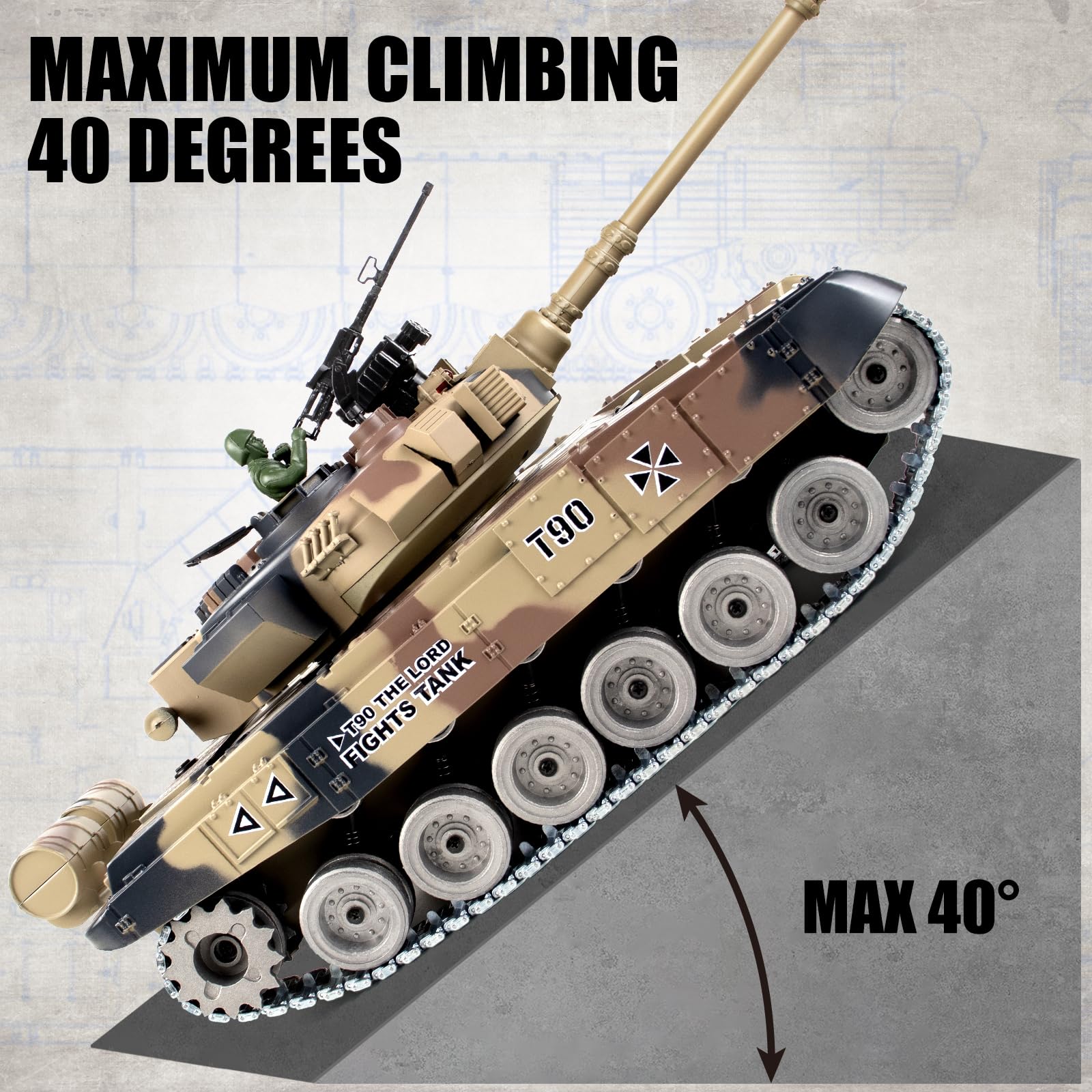 Supdex RC Tank, 1:18 Russian T-90 Metal Tracks Remote Control Model Tank Toys, 2.4Ghz Army Toys with Smoke, Sound and Light, RC Military Vehicle That Shoots BBS and Water Bullets for Adults and Kids