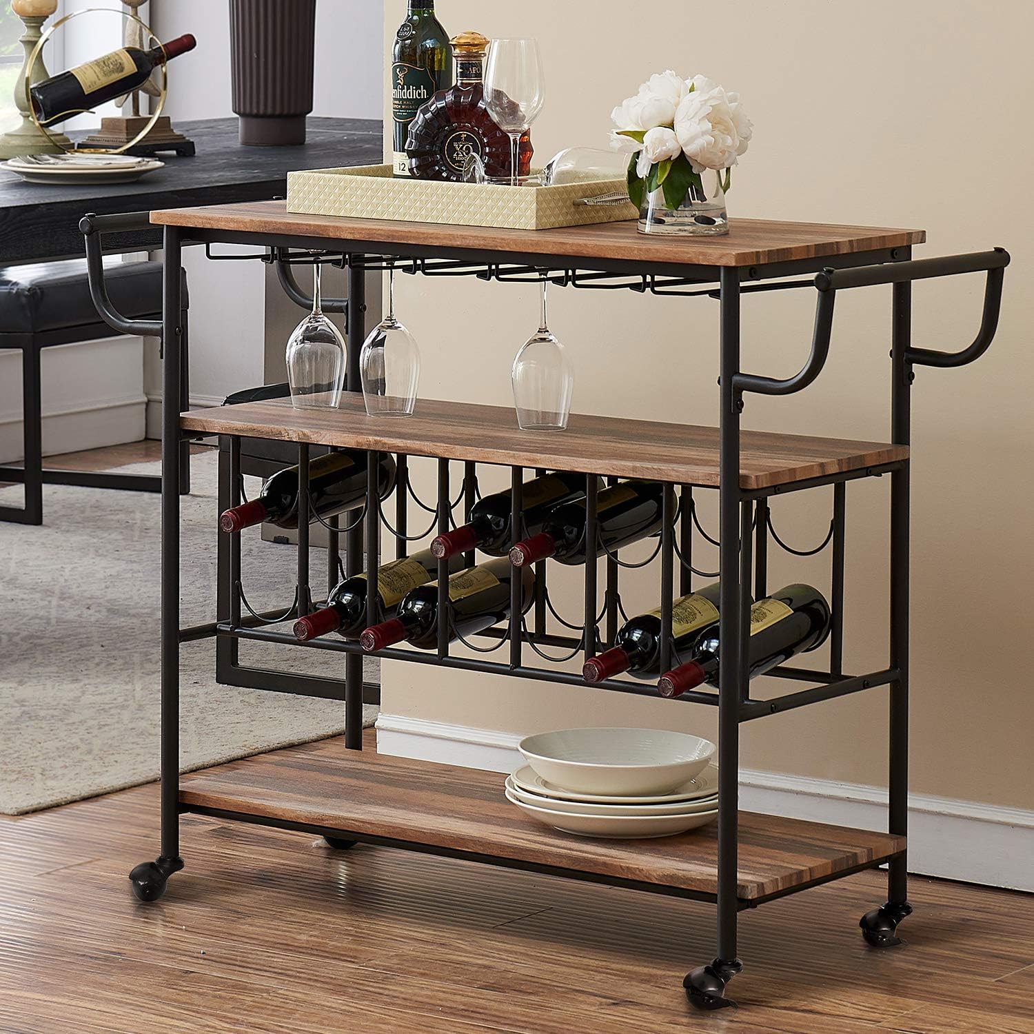 Amazon Com Homyshopy Industrial Bar Cart With Wine Rack And Glass Holder Mobile Wine Carts With Wheels For The Home Metal Serving Cart And Kitchen Storage Cart 3 Shelves Vintage Brown