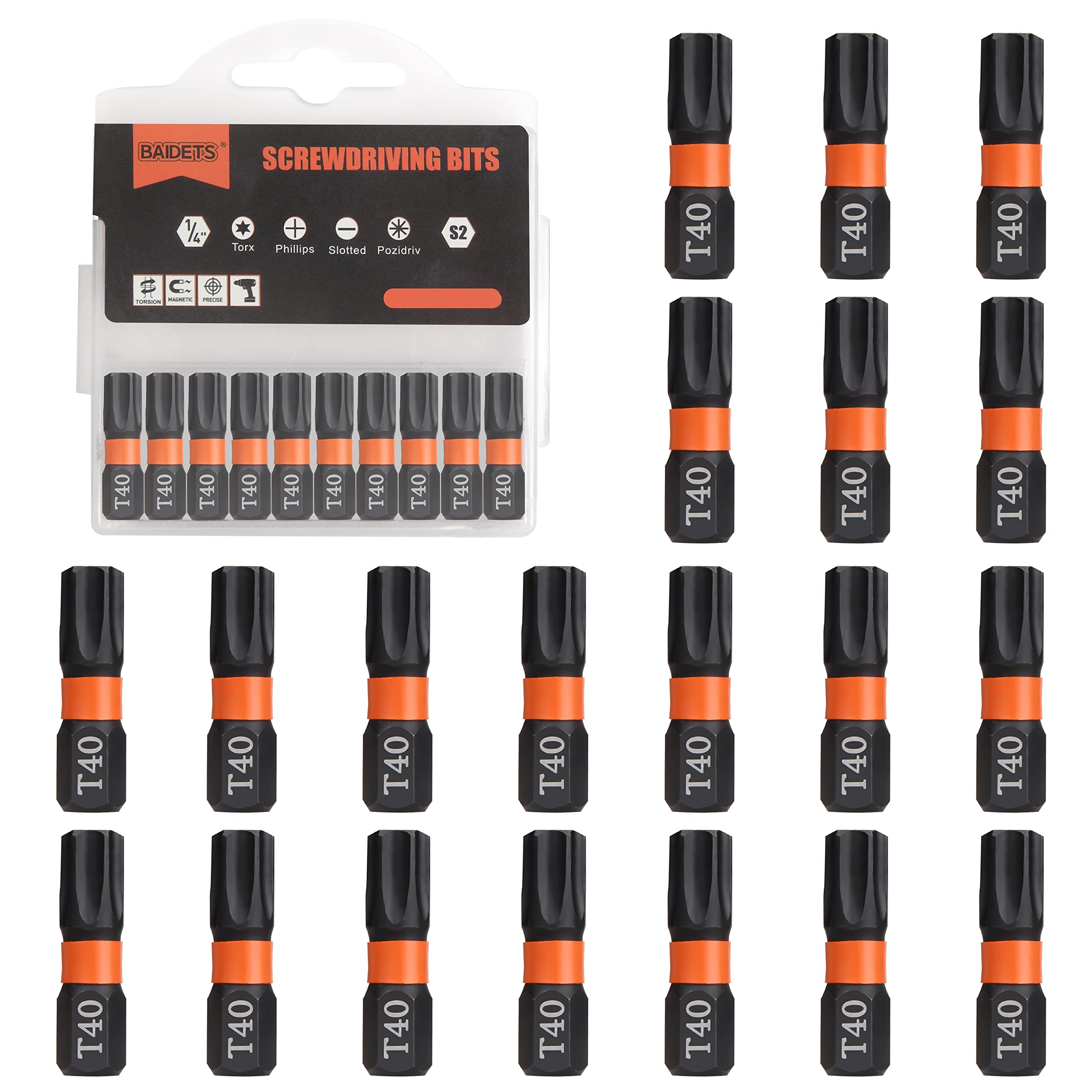 BAIDETS Pro T40 Bit Assortment - Screwdriver Bits Set of 20, 25 mm Length, Torx Screwdriver Bit, 1/4 Inch Hex Shank, with Dispenser Box — image 1