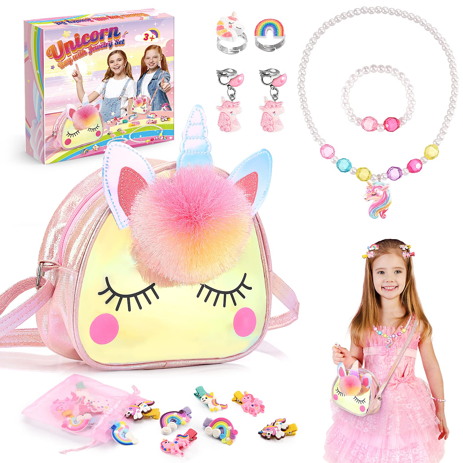 Qukir Unicorn Gifts for Girls, Kids Jewellery Sets for Girl Unicorn Toys for 2 3 4 5 6 Year Old Girl Toys Age 2 3 4 5 6 Year Old Gifts for 2-12 Year Olds Girls Birthday Presents Crossbody Bag