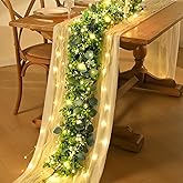2Pcs Eucalyptus Garland with Lights, Greenery Garland, Green Garland with Flowers, 5.9FT Artificial Faux Eucalyptus Leaves Vines for Table Mantle Home Wedding Party Indoor Outdoor Decor