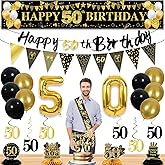 27pcs 50th Birthday Decorations for Men,Black Gold 50th Party Decorations,Happy 50th Birthday Banner Honeycomb Hanging Swirls Cake Topper and Balloons Kit Party Supplies