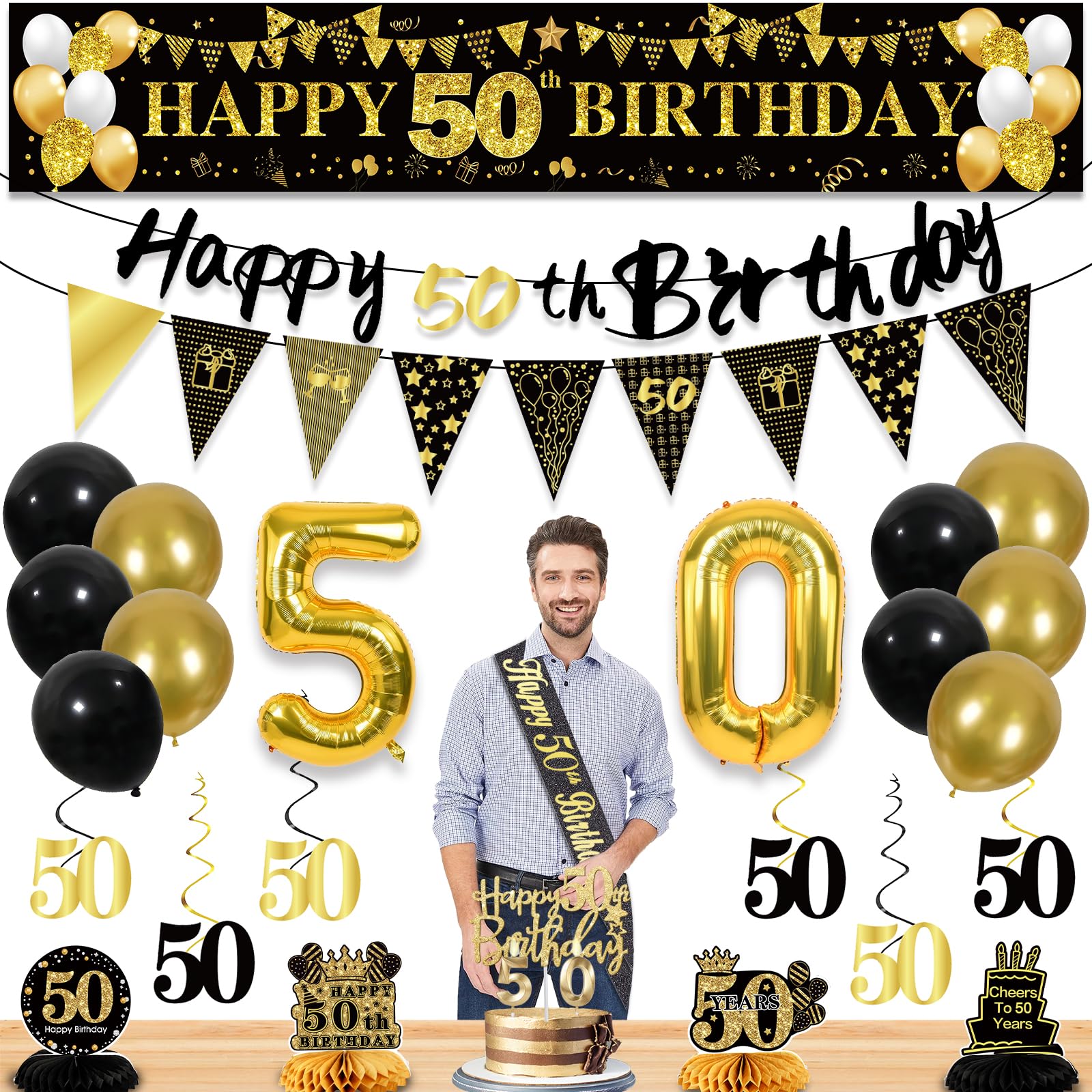 Photo 1 of 27pcs 50th Birthday Decorations for Men,Black Gold 50th Party Decorations,Happy 50th Birthday Banner Honeycomb Hanging Swirls Cake Topper and Balloons Kit Party Supplies