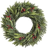 BINFEN 20” Green Faux Norfolk Cedar Christmas Winter Wreath with Red Berry – Fake Real Touch Pine Xmas Wreaths for Front Door Porch Mantel & Fireplace, Christmas Decor