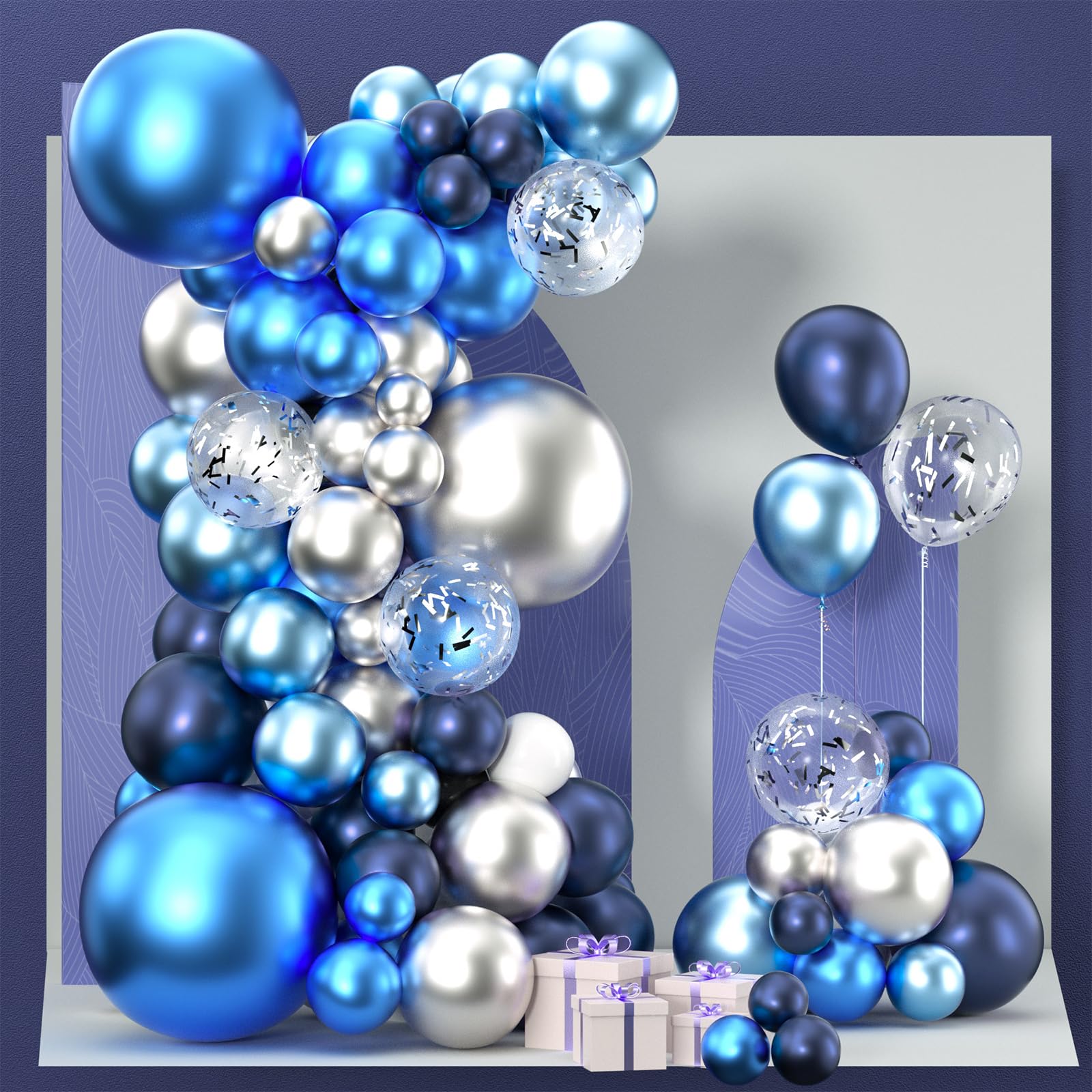 PartyWoo Blue and Silver Balloon Garland, 100 pcs Balloons Different Sizes Pack of 18 Inch 12 Inch 10 Inch 5 Inch Navy Blue Silver Metallic Balloons for Birthday Decorations, Party Decorations