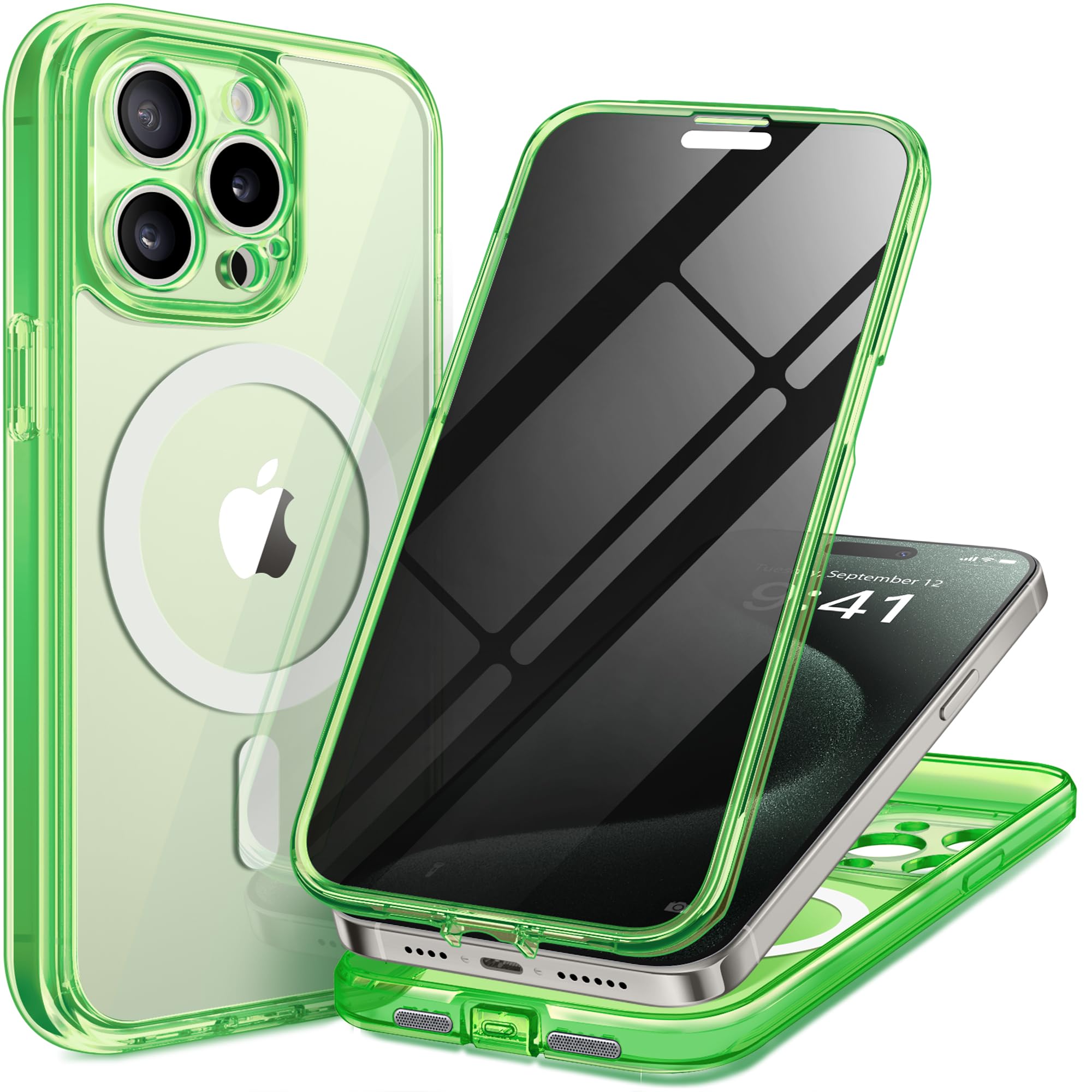 TIESZEN for iPhone 15 Pro Case, Compatible with MagSafe, Built-in Privacy Screen Protector and Camera Protection, Anti Spy Full Body Dustproof Shockproof Hard Phone Case 6.1", Bright Green — image 1