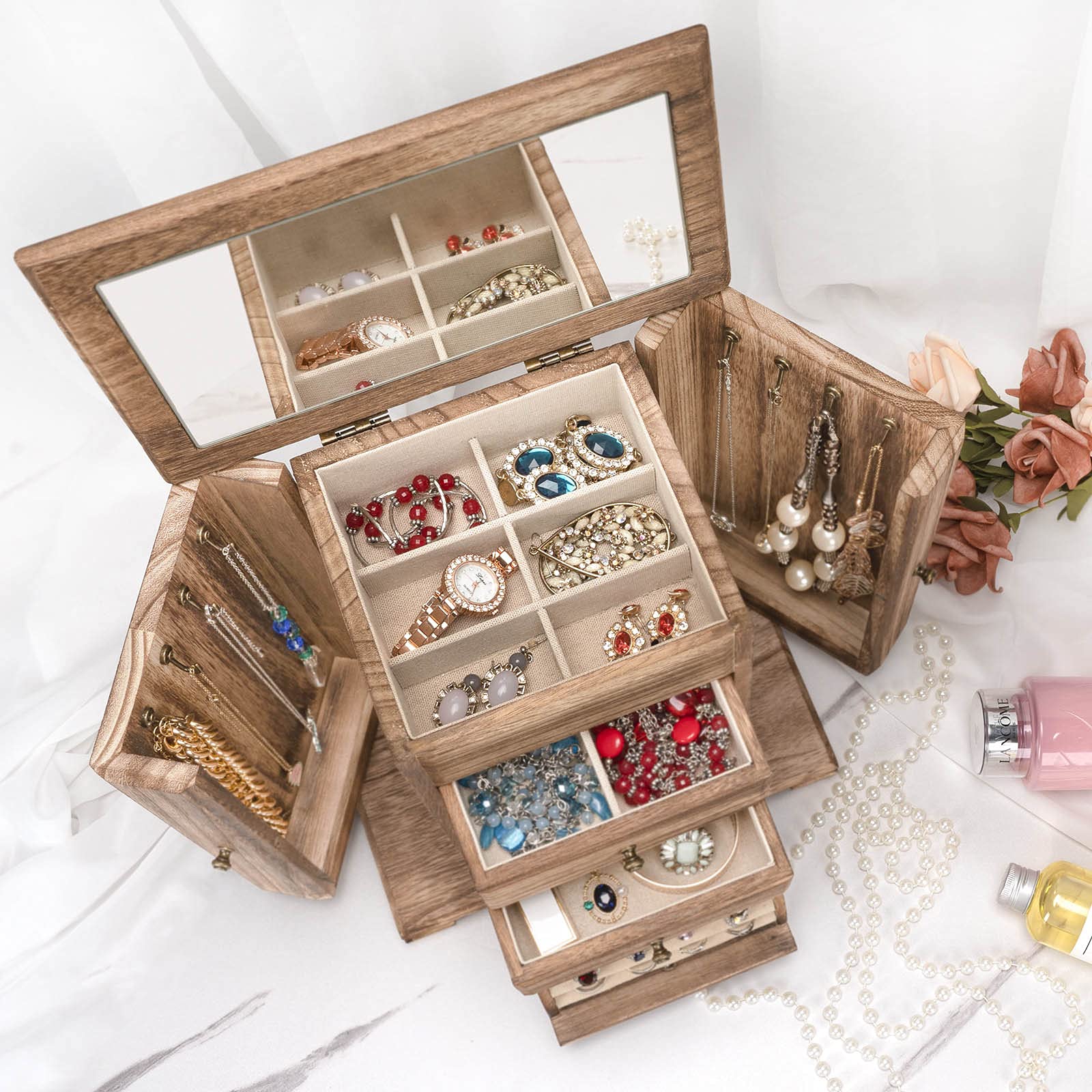 Emfogo Emfogo Jewelry Box for Women, Rustic Wooden Jewelry Boxes & Organizers with Mirror, 4 Layer Jewelry Organizer Box Display for Rings Earrings Necklaces Bracelets (Rustic Brown)