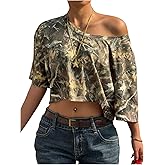 SOLY HUX Women's Y2k Camo T Shirt Off The Shoulder Half Sleeve Y2k Crop Tops Streetwear Summer T Shirt