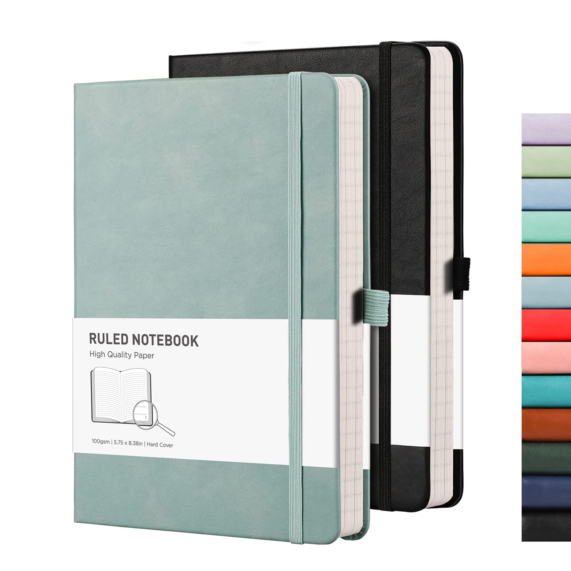 RETTACY Lined Journal Notebook 2Pack - A5 Note Book Notepad 376 Numbered Pages for Writing,100gsm Lined Paper, Leather Hardcover, for Women Men Work Office School,14.5 x 21cm - Black Gray Blue
