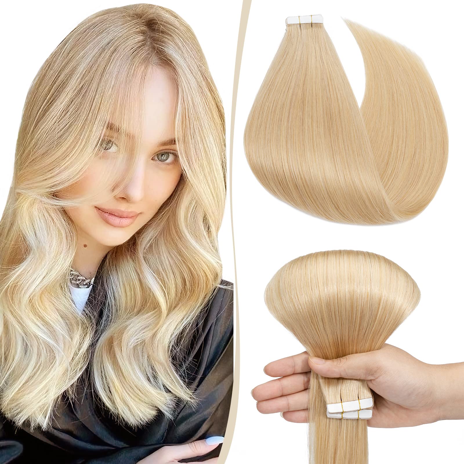 12 inch SEGO Tape in Hair Extensions Real Human Hair 10 Pieces [#24 Natural Blonde] Remy Hairpieces Invisible Skin Weft Seamless Straight Natural (20g) — image 1