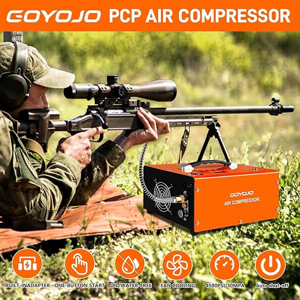 GOYOJO PCP AIR COMPRESSOR, MAX 4500 PSI / 300 BAR, FAST FILL FOR AIRGUNS OR PAINTBALL TANK, AUTO SHUT-OFF, DUAL POWER CAR 12V DC OR HOME 120V AC, BUILT-IN COOLING FAN, 300W PORTABLE PCP PUMP