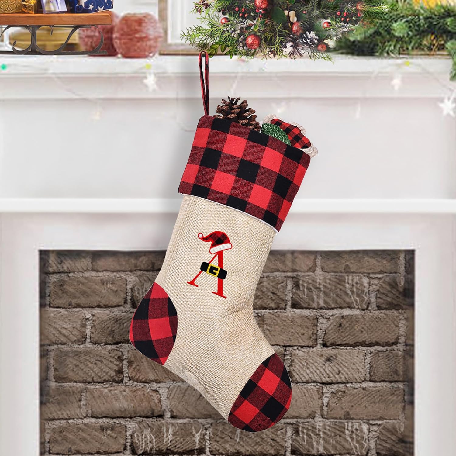 Stockings & Holders - CARAKNOTS Monogram Christmas Stocking 1 Pack Black and Red Christmas Stockings with Letters Burlap Plaid Letter A Initial Stockings Christmas for Kids Family Xmas Holiday Fireplace